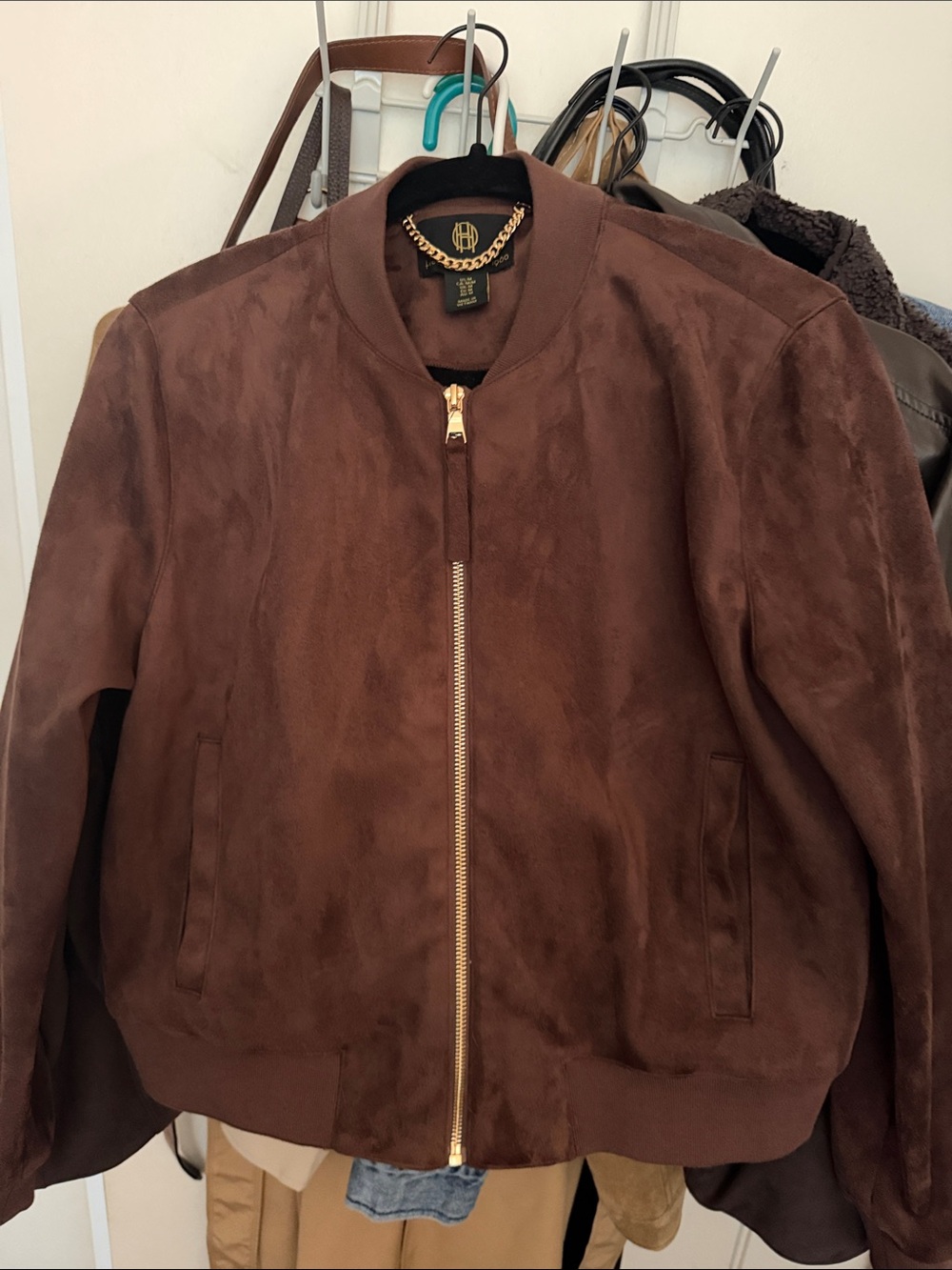 House of Harlow 1960 Brown Suede Bomber Jacket with Gold Zipper
